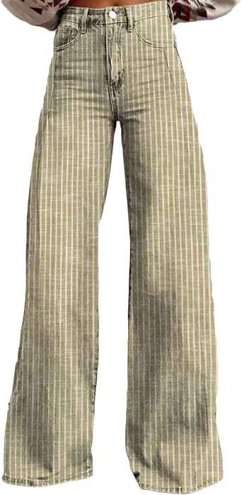 FZYLQY Women Y2K Striped Jeans High Waist Button Wide Leg Casual Denim Pants Bootcut Flare Boyfriend Trousers with Pockets