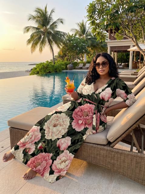 Image of SUZONANA Plus Size Dresses for Women Floral Print Maxi Dress Flowy 3 /4 Sleeve with Belt