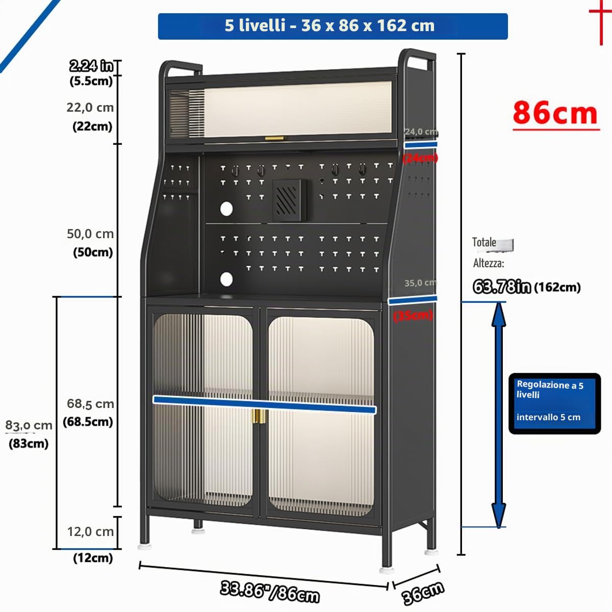 Mobile Cucina Dispensa 36x86x162cm, con Porte e Ripiani, Mobiletto Cucina Salvaspazio a 5 Livelli, Mobile Dispensa Cucina, Piedini Regolabili (Nero, 86cm)