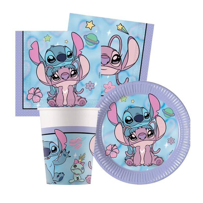 Nuovo Kit Compleanno Tavola Stitch 16 persone (52 pezzi: 16 piatti 20cm, 16 bicchieri 200ml, 20 tovaglioli) in carta