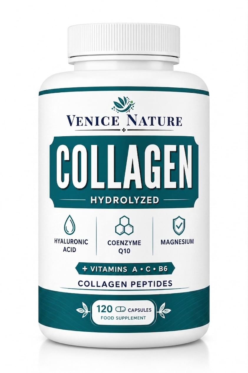 Collagene e Acido Ialuronico - Collagene Idrolizzato con Acido Ialuronico Coenzima Q10 + Vitamina C + Magnesio, Vitamina A - B6 - Collagene Completo Integratore - Collagen Venice Nature