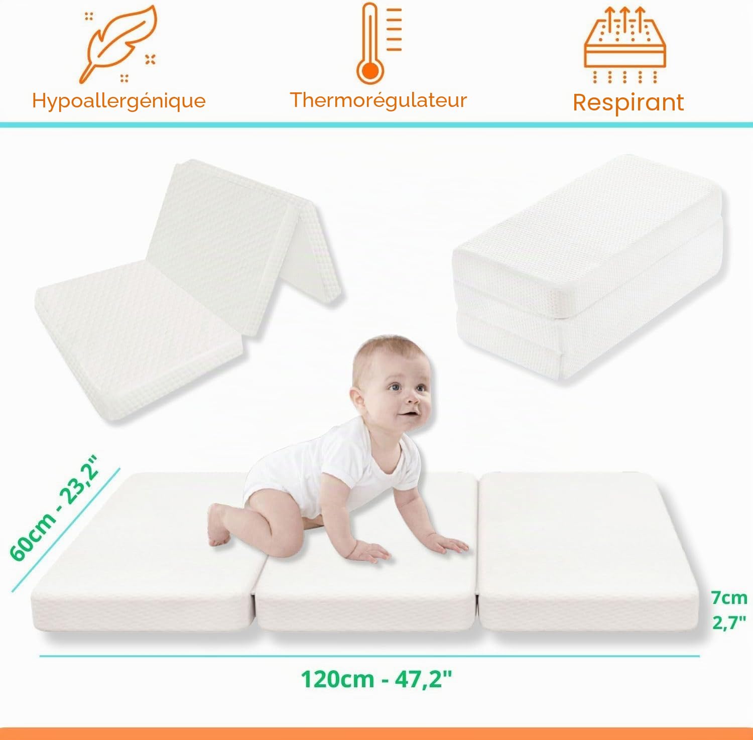 Bamboo Mattress Matelas de voyage pliable et portable avec housse amovible en coton de bambou hypoallergénique 120 x 60 cm