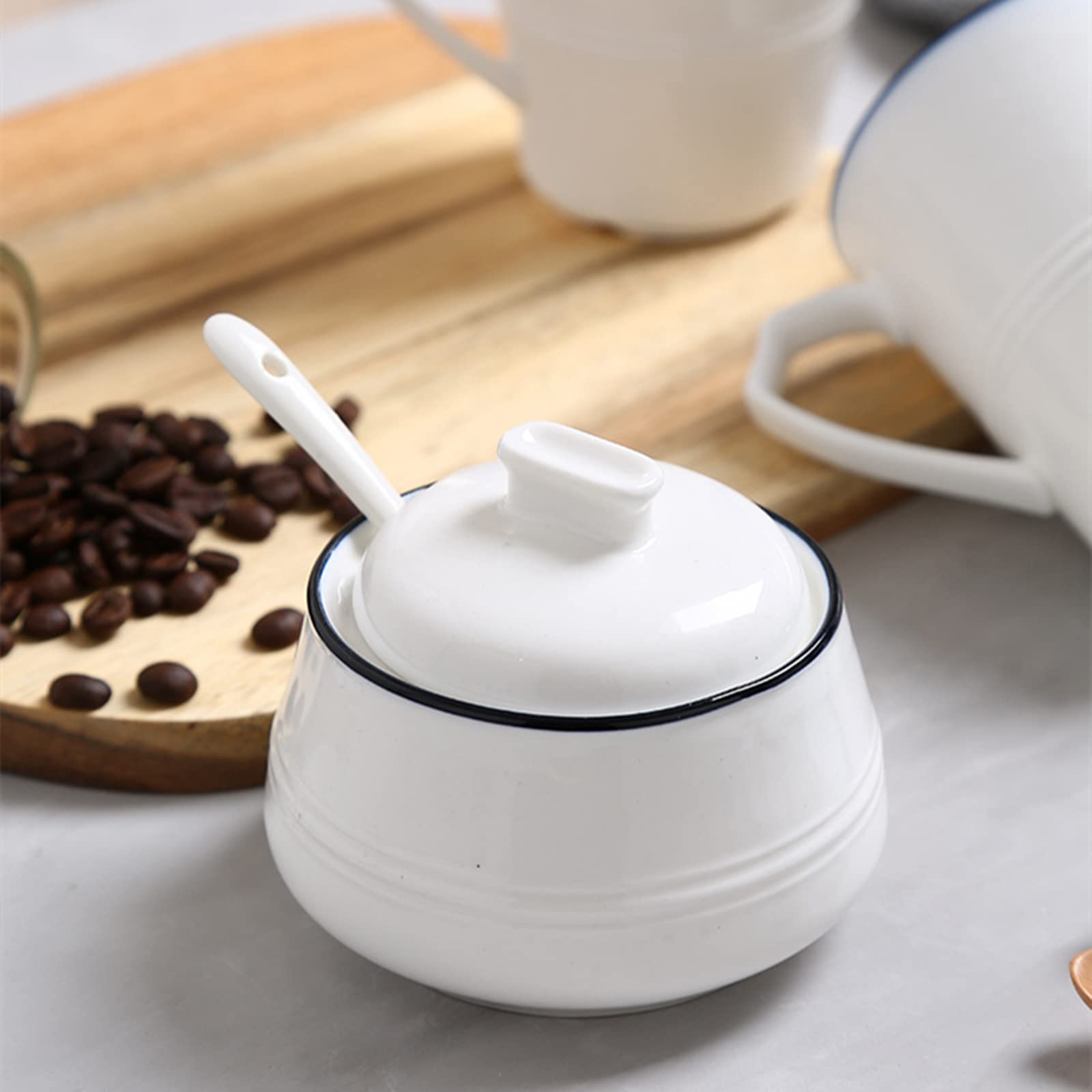 Peohud Juego de 3 creamer y azúcar de porcelana, juego de servir café con jarra de crema, cuchara de café, azucarero con tapa y cuchara, tarro de azúcar para té de la tarde, blanco