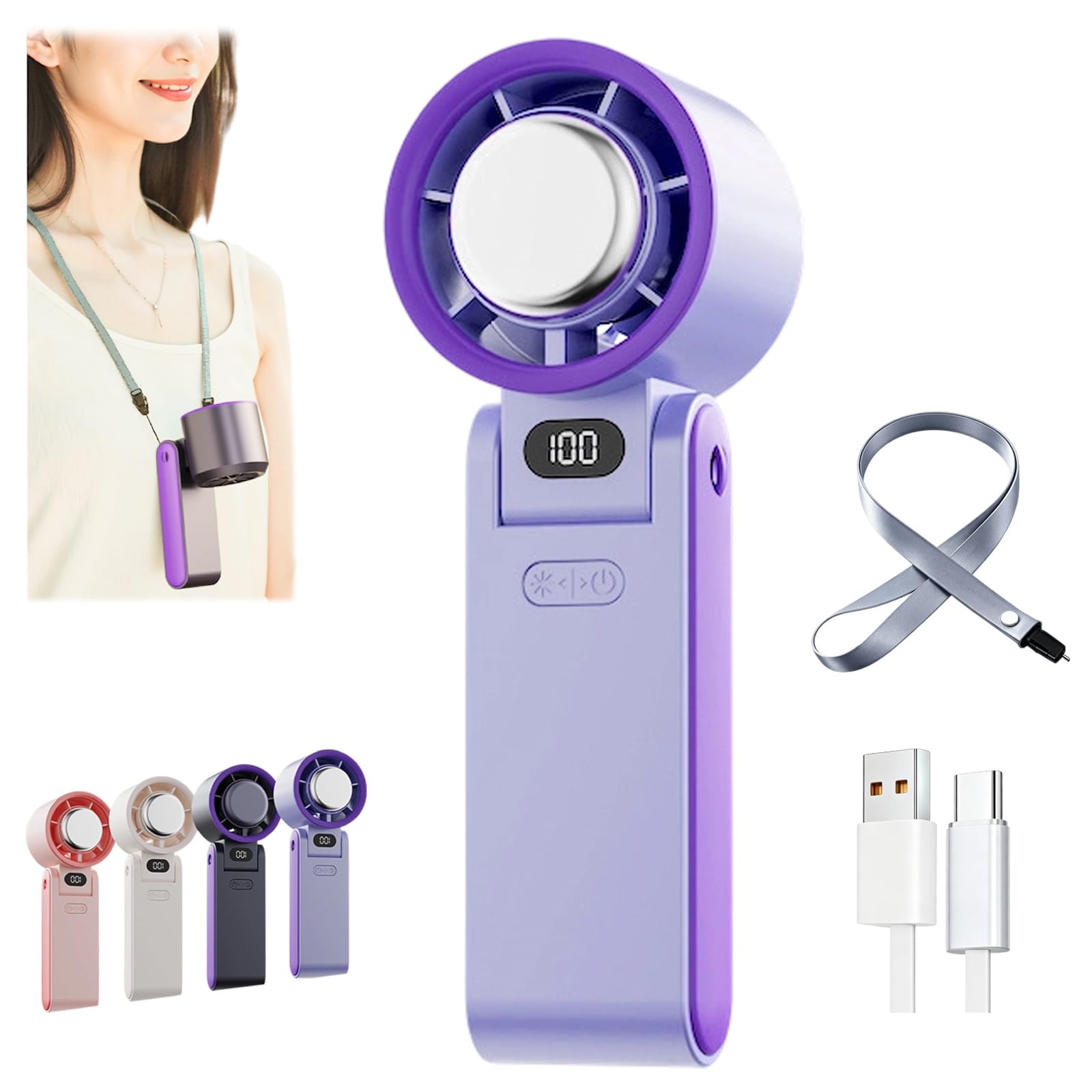 Frostbite Handheld Cooling Fan, 100 Speed Personal Portable Handheld Fan with Ice Cooler, 3600mah Mini Rechargeable 90 Foldable Personal Desk Fans, Travel Essentials Cooling Gifts (purple)