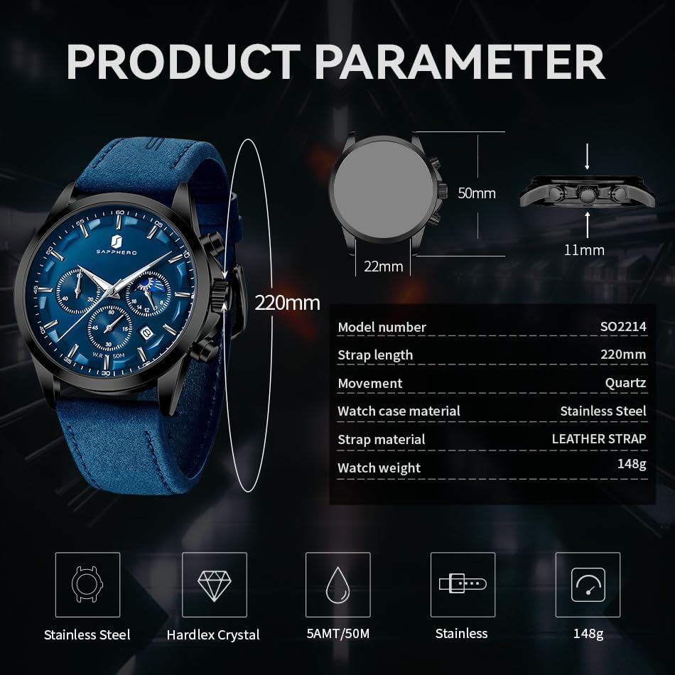 BY BENYAR Herrenuhr Uhren Herren Wasserdicht Herrenuhren Chronograph m?nner Armbanduhr für Herren Eleganz Lederarmband/Edelstahl Quarz Geburtstags/Weihnachts Gold/Silber/Blau/Schwarz - Image 6