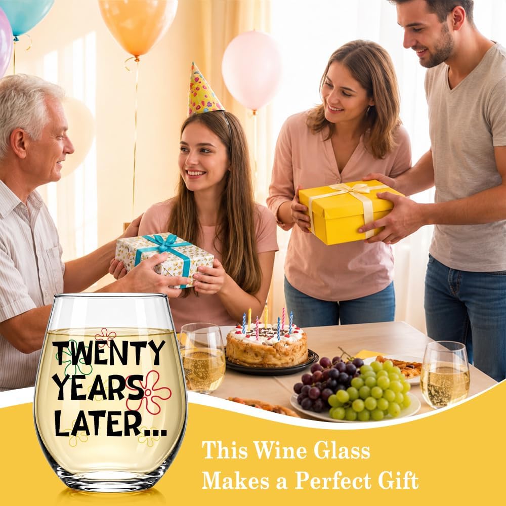 Twenty Years Later Stemless Wine Glass, Funny 20th Birthday Gifts for Women Sister Wife Aunt, 20 Year Anniversary Party Decor Accessory, Farewell Thank You Gifts for Women Coworker Boss