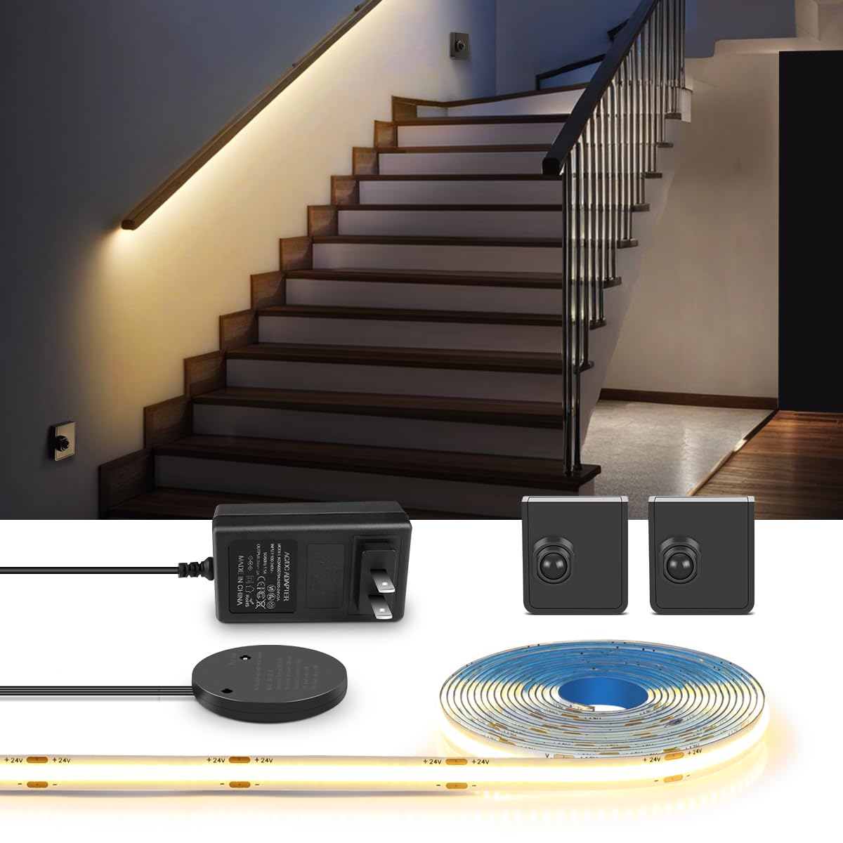 AIMENGTE COB Led Streifen, mit 2 Bewegungsmelder, 5M Warmweiß LED Strip, Hochhelliges Flexibles Bandlicht Für Schrank, Küche, Wohnzimmer, Schlafzimmer, Treppe