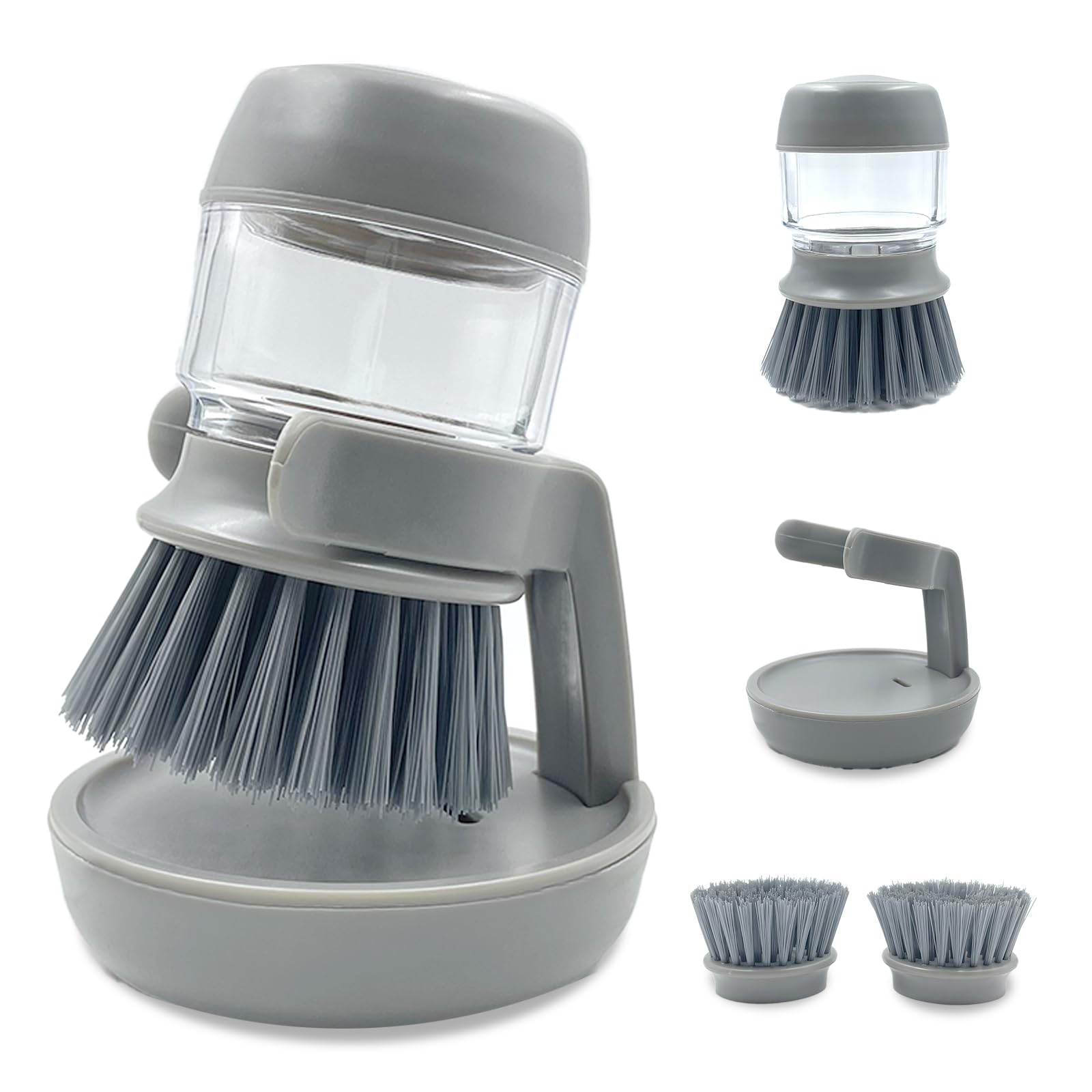 Soap Dispenser with Dish Brush and Storage Bracket, Easy to Clean Kitchen Utensils and Sink, Gray