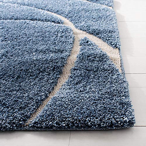 Image of Geometric Wave Shaggy Rectangular Carpet For Living Room,Bedroom,High Low Design Finish Microfiber 1.8 Inch Pile High,5X7 Feet Royal Blue|Ivory Color