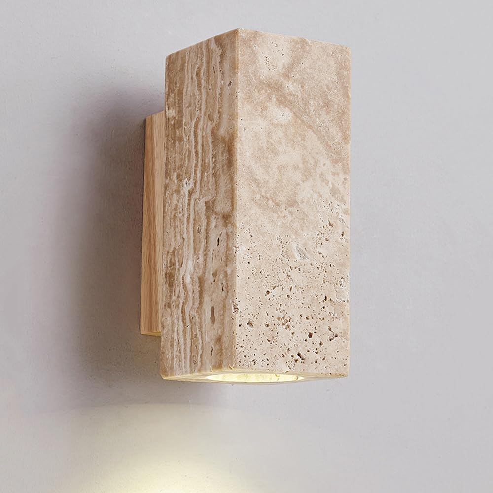 Applique carrée en pierre de travertin jaune E27/E26, luminaires muraux de style Wabi Sabi pour salon, lampe murale à base de grain de bois transparent pour espaces de vie, chambres à coucher,