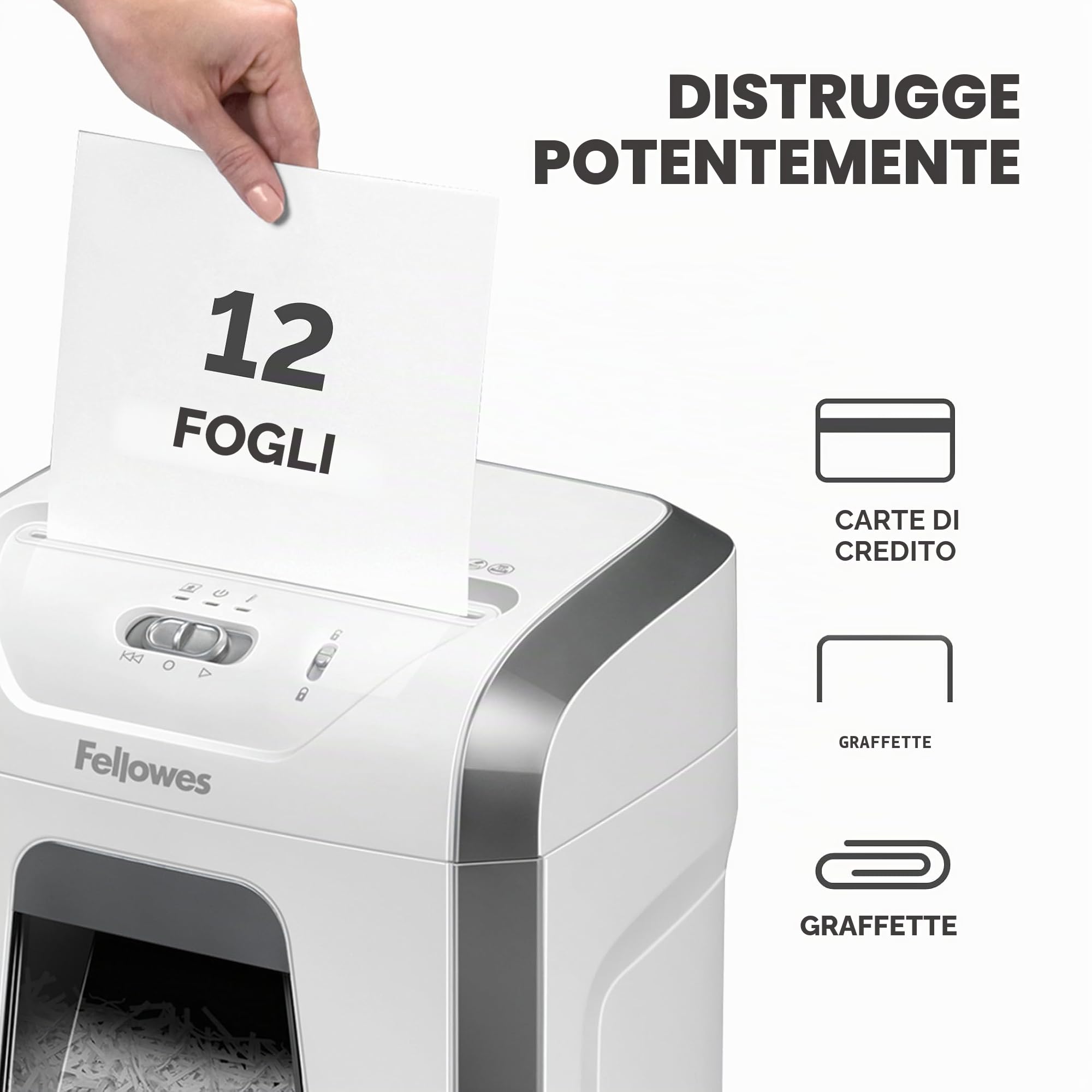 Fellowes Distruggidocumenti per uso domestico e ufficio, 12 fogli a taglio trasversale per uso deskside, FS-12C distruggi documenti da casa con cestino estraibile da 19 l, durata 20 minuti, alta