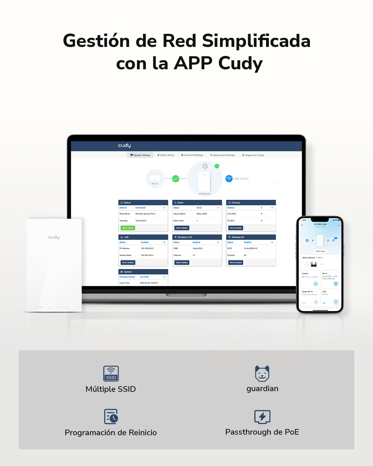 Cudy AP1300 Punto de Acceso Inalámbrico Empotrable WiFi 5 AC1200, Gigabit Inalámbrico, Compatible con Controlador AC, MU-MIMO, Alimentación PoE, Configuración Mediante App Cudy o Web