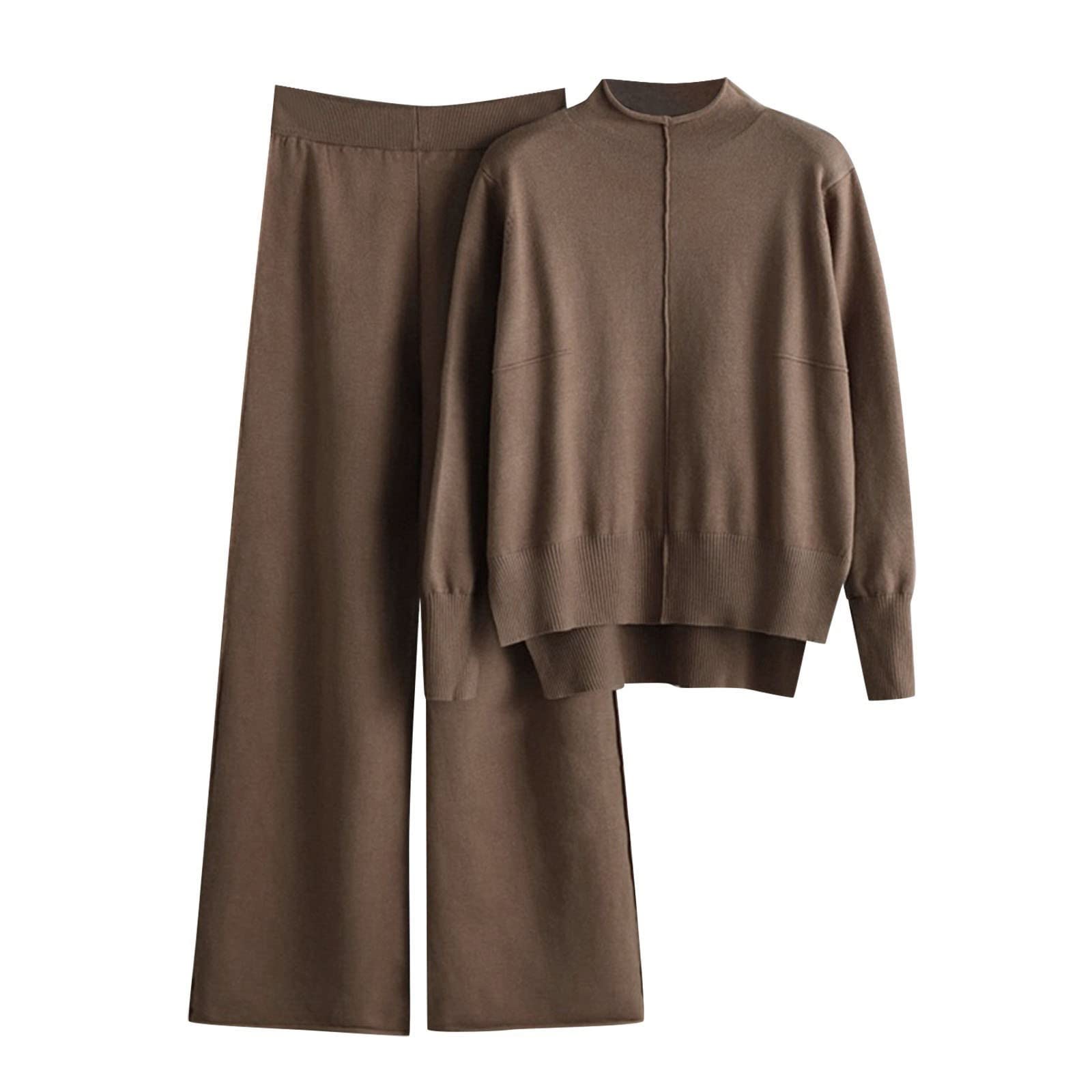 Combinaison d'intérieur 2 pièces en tricot pour femme - Couleur unie - Doux - Manches longues - Col montant - Sweat à capuche et pantalon - Survêtement décontracté