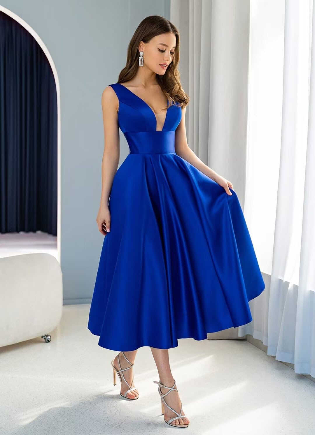 YUAOHUANG Satin Tea Length Formal Dresses for Women Satin Corset Bridesmaid Prom Dress with Pockets V Neck Evening Gown - Image 2