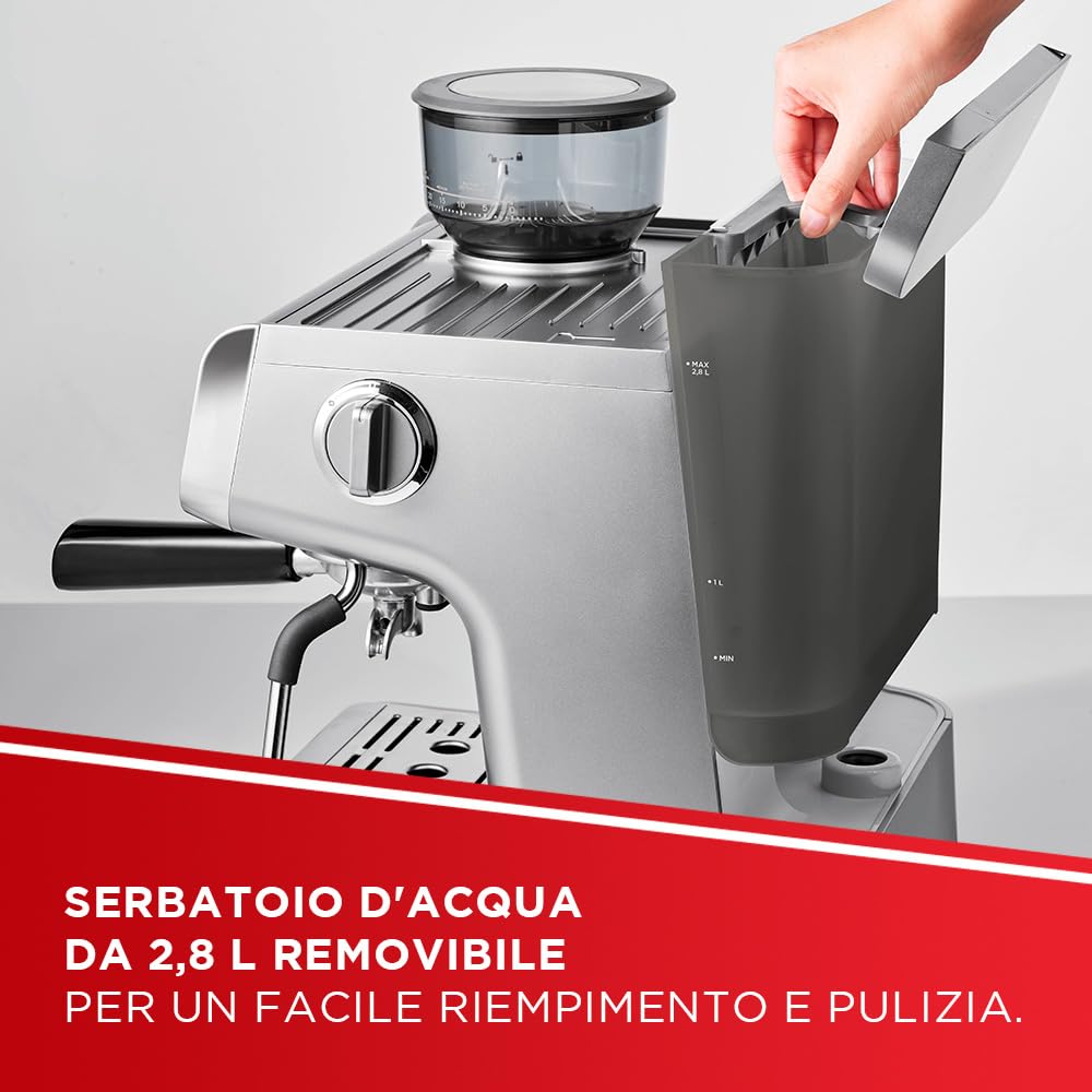 Polti Coffea G50S, Macchina da Caffè con Macina Grani Integrato, per Espresso e Cappuccino, 30 Livelli di Macinatura, Steamymilk Professionale per Montare il Latte, Argento