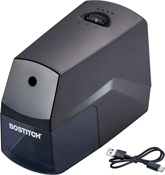 Bostitch Rechargeable Electric Pencil Sharpener, Cordless, USB-C, Auto-Stop Helical Cutter, Adjustable Point, Portable for No.2 & Colored Pencils, Home/School/Classroom, Horizontal Design, Black