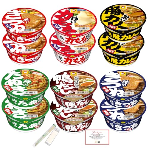 【JAVIET KAISHA】マルちゃん 和風麺カラフル6種12個セット 赤いきつねう どん(東)、白い力もちうどん、黒い豚カレーうどん、緑のたぬき天そ ば(東)、紺のきつねそ ば、おそば屋さんの鴨だしそば まとめ買い 食べ比べ 感謝シール、お箸とおしぼり