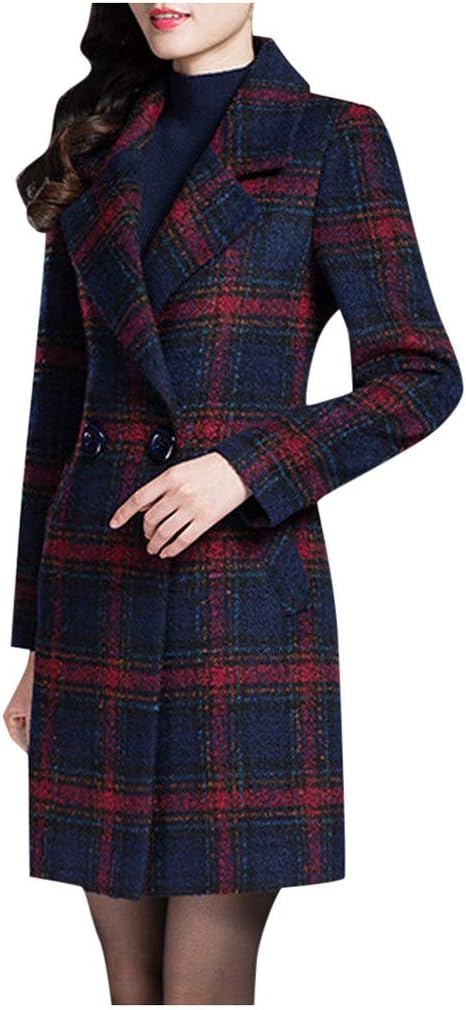 KaloryWee Wool Coat Ladies Plaid Winter Trench Coats Fashion Longline Check Coat Women Plus Size Jackets Vintage Outwear