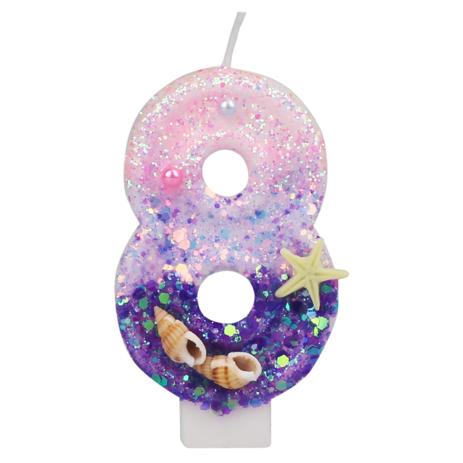 Birthday Candles for Cake, Pink and Purple Number 8 Candles Decorated with Conchs Starfish and Pearls for Mermaid Theme Party Cake Topper Supplies (