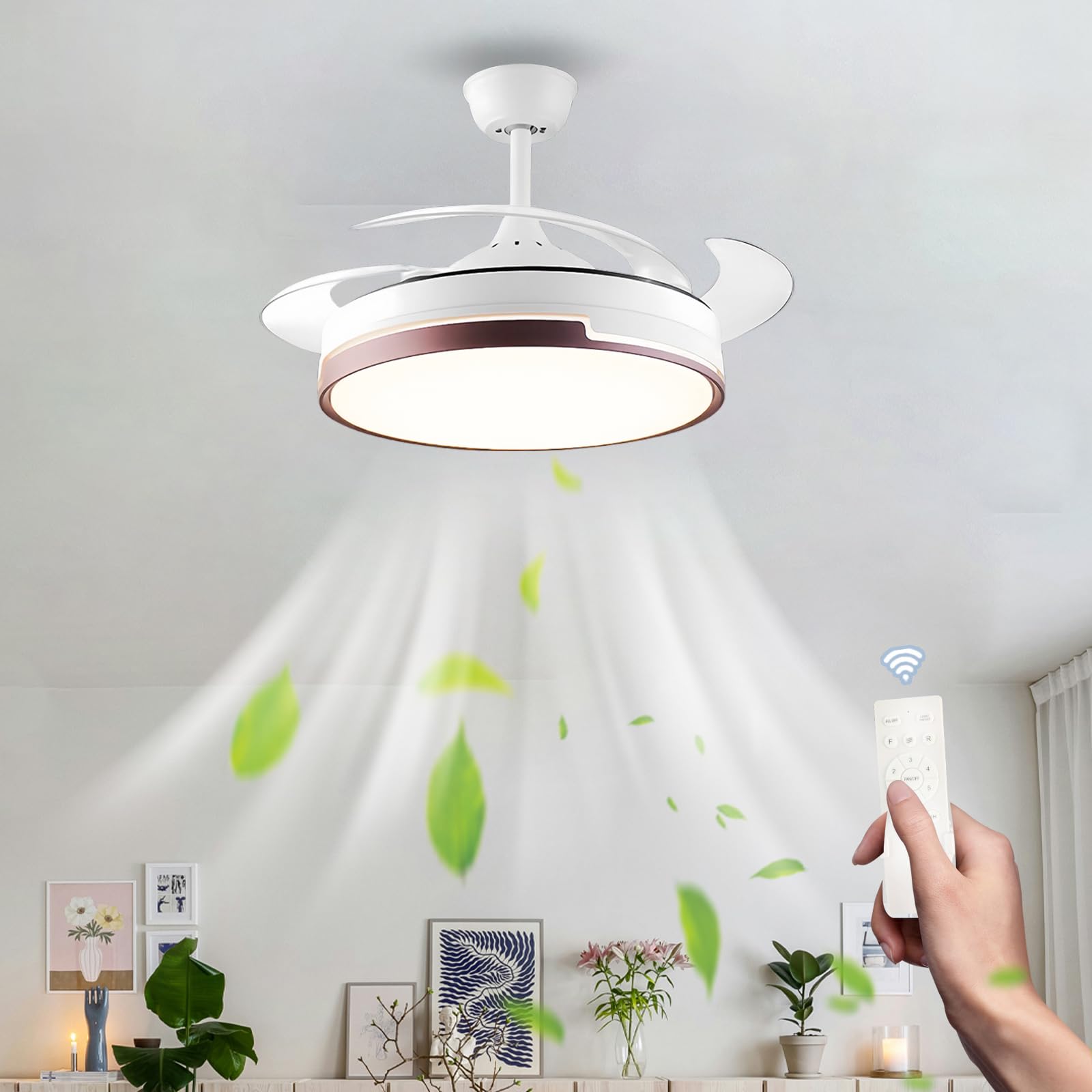 HXYSXHJUO Modern Ceiling Fans with Lights and Remote for Bedroom, Silent Foldable Blades Lamps, Dimmable White Fan Dining Room,Living Room, Office, Reversible-Brown