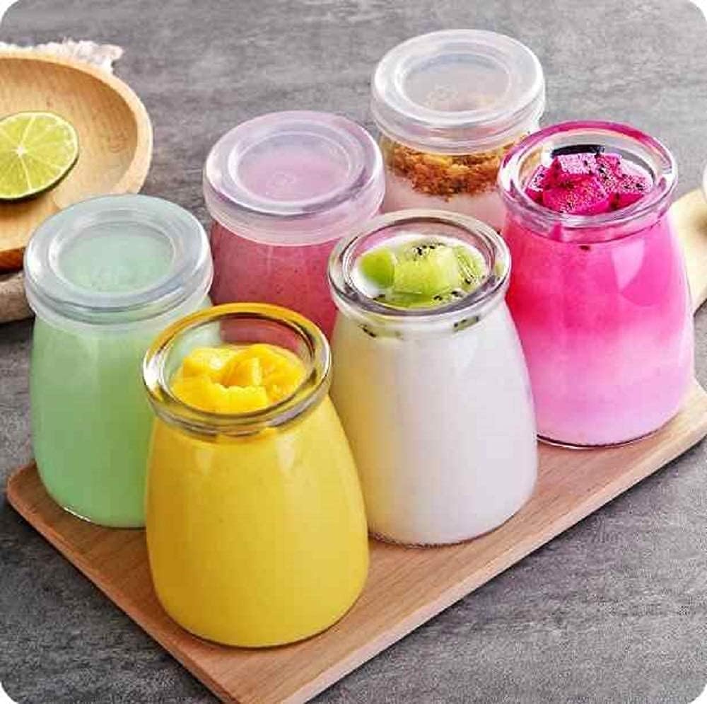 6 pcs Glass Pudding Jar With Plastic Lid/Small Glass Bottles For Desserts/Yogurt Jar For Decorations Ideal for Jam, Honey, Wedding Favors,