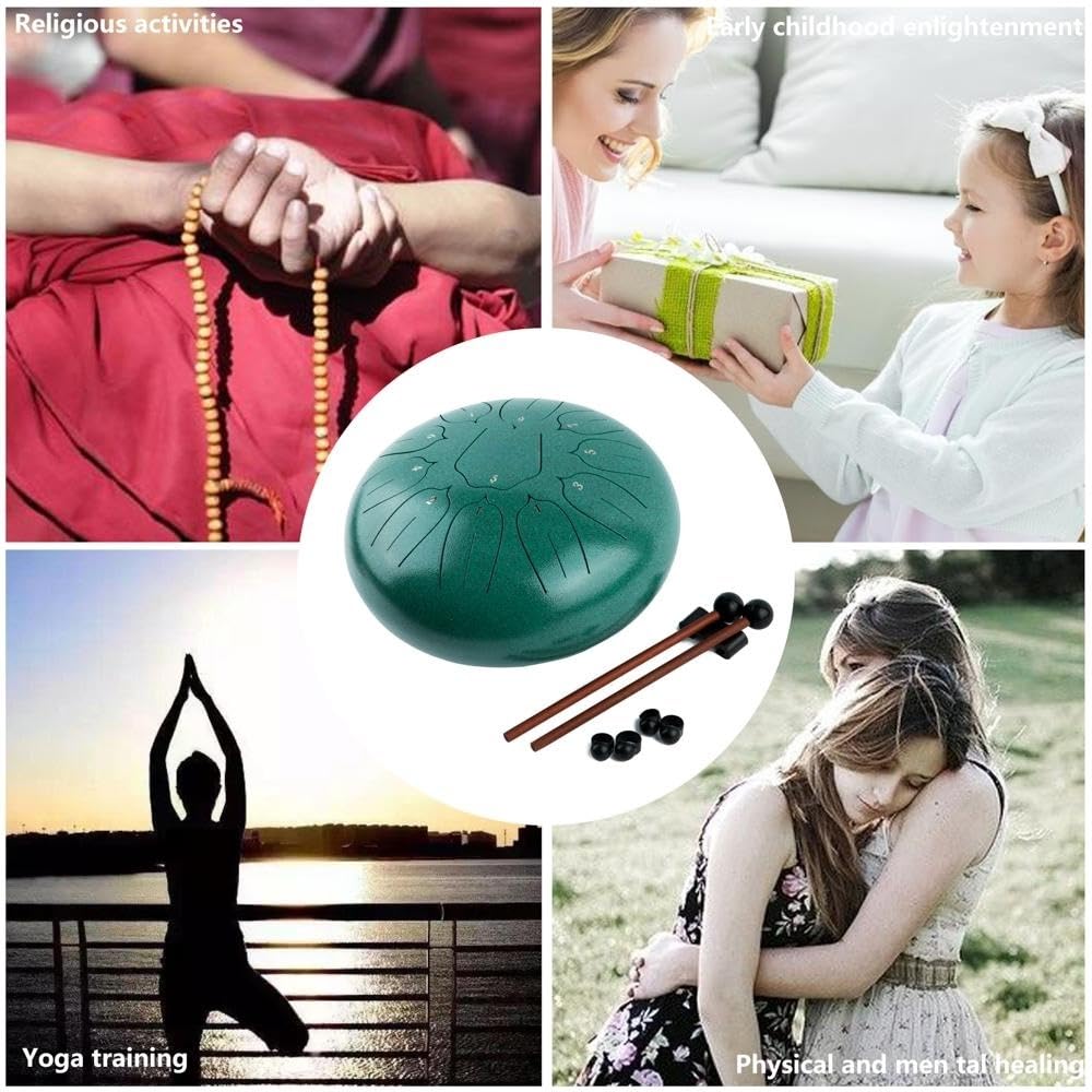 Javik - Tamburo per lingua in acciaio, 25,4 cm, 11 note, chiave a D, strumento a percussione, tamburo da meditazione con custodia, 2 bacchette, plettri per dita per adulti e bambini (verde)
