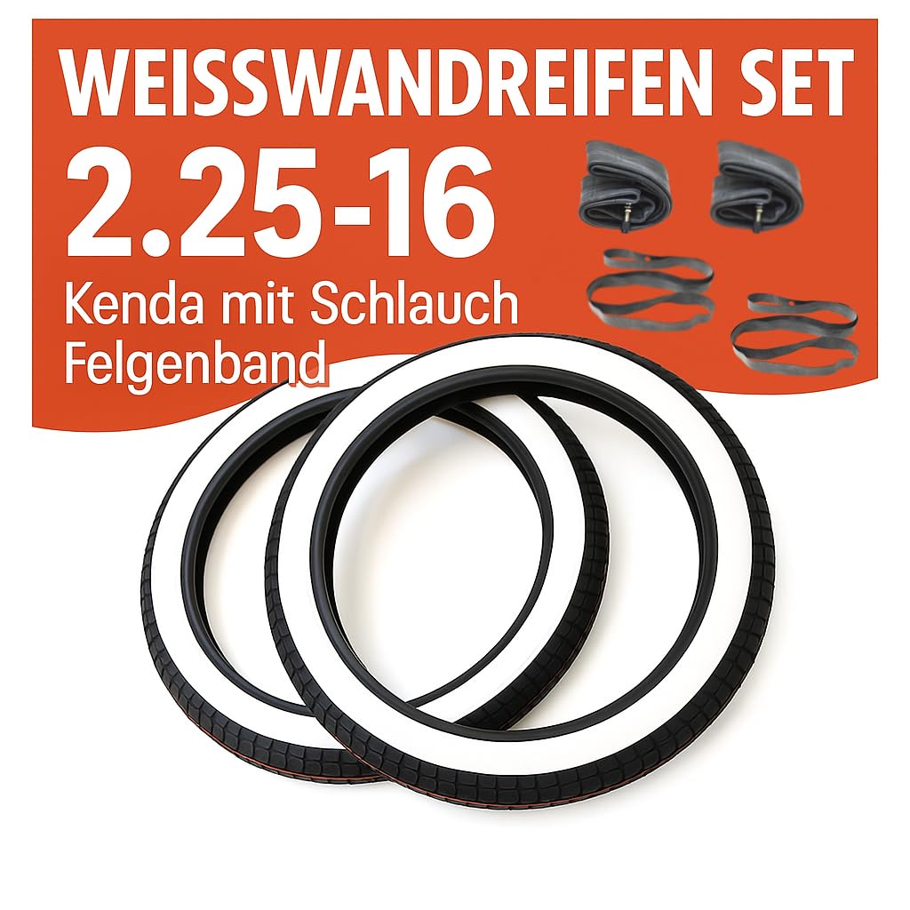 Streetparts24 Weißwandreifen Set 2 1/4 x 16 Zoll (2.25-16) – Reifen inkl. Schlauch & Felgenband – passend für Zündapp, Hercules Prima M, Peugeot 103, Piaggio Vespa Bravo Ciao, Simson Anhänger