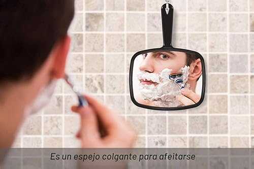 Miniatura 3 de PROTECLE Espejo de mano, 10.3" L x 7.4" W Espejo de mano para salón de barbería con mango, cuadrado, negro