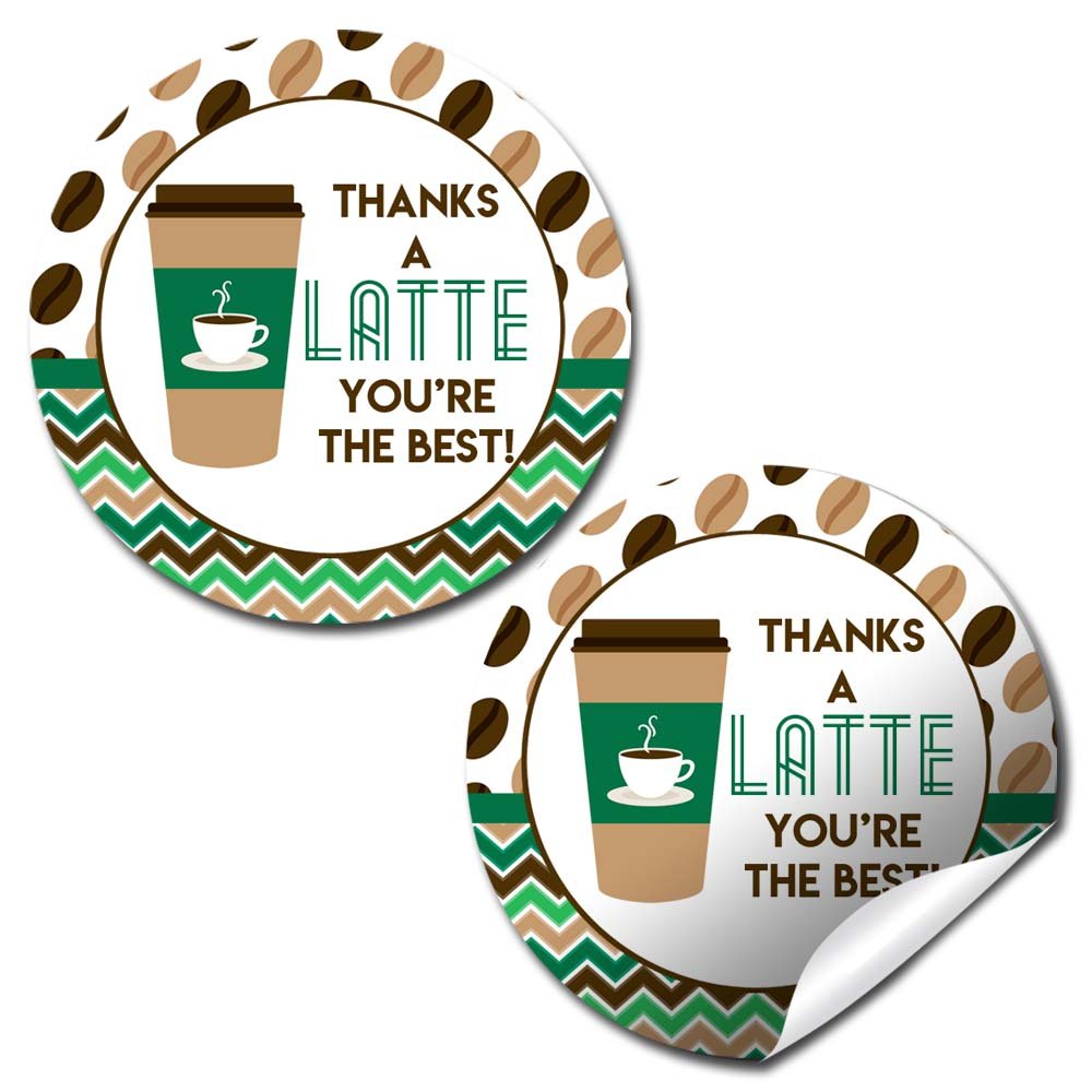 Thanks A Latte Theme 40 Thank You Sticker Labels 2" Party Circle Stickers, Kids Party Stationery Set, Fun Coffee Cup Design for Favors, Envelope Seals
