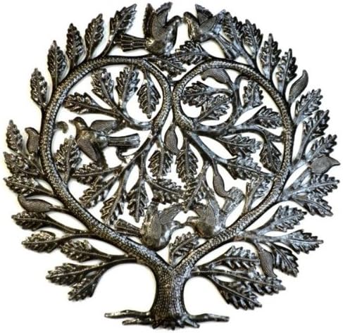 Global Crafts 24" Recycled Handmade Haitian Metal Wall Art Tree of Life with Birds, Heart