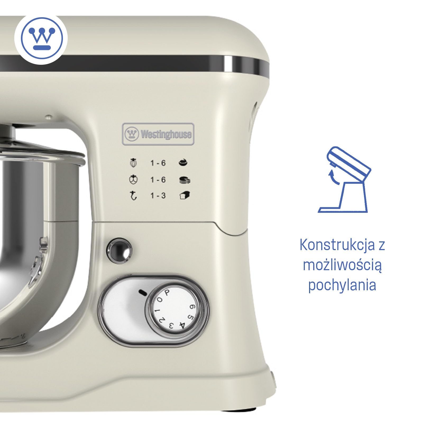 Westinghouse Retro Mikser stojący – 1200 W – Robot kuchenny 5 l Miska miksująca – Robot kuchenny – Mikser kuchenny – Robot kuchenny – Beżowy