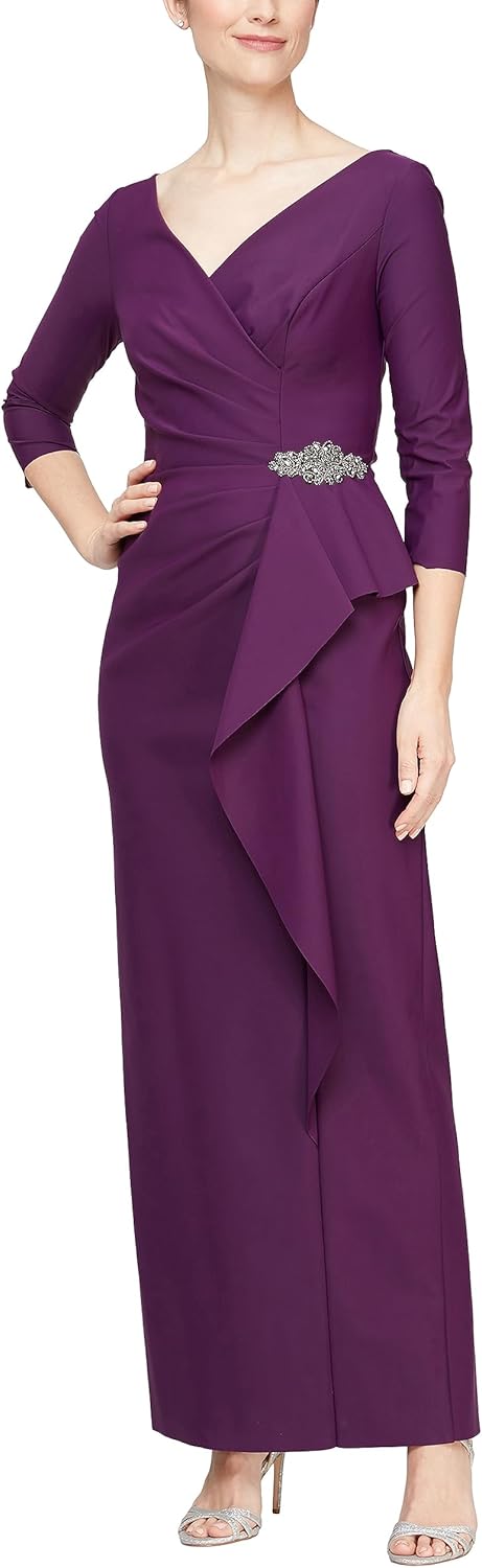 Alex Evenings Womens Slimming Long Length ¾ Sleeve Mother of The Bride Dress with Cascade Ruffle Skirt and Side Ruching
