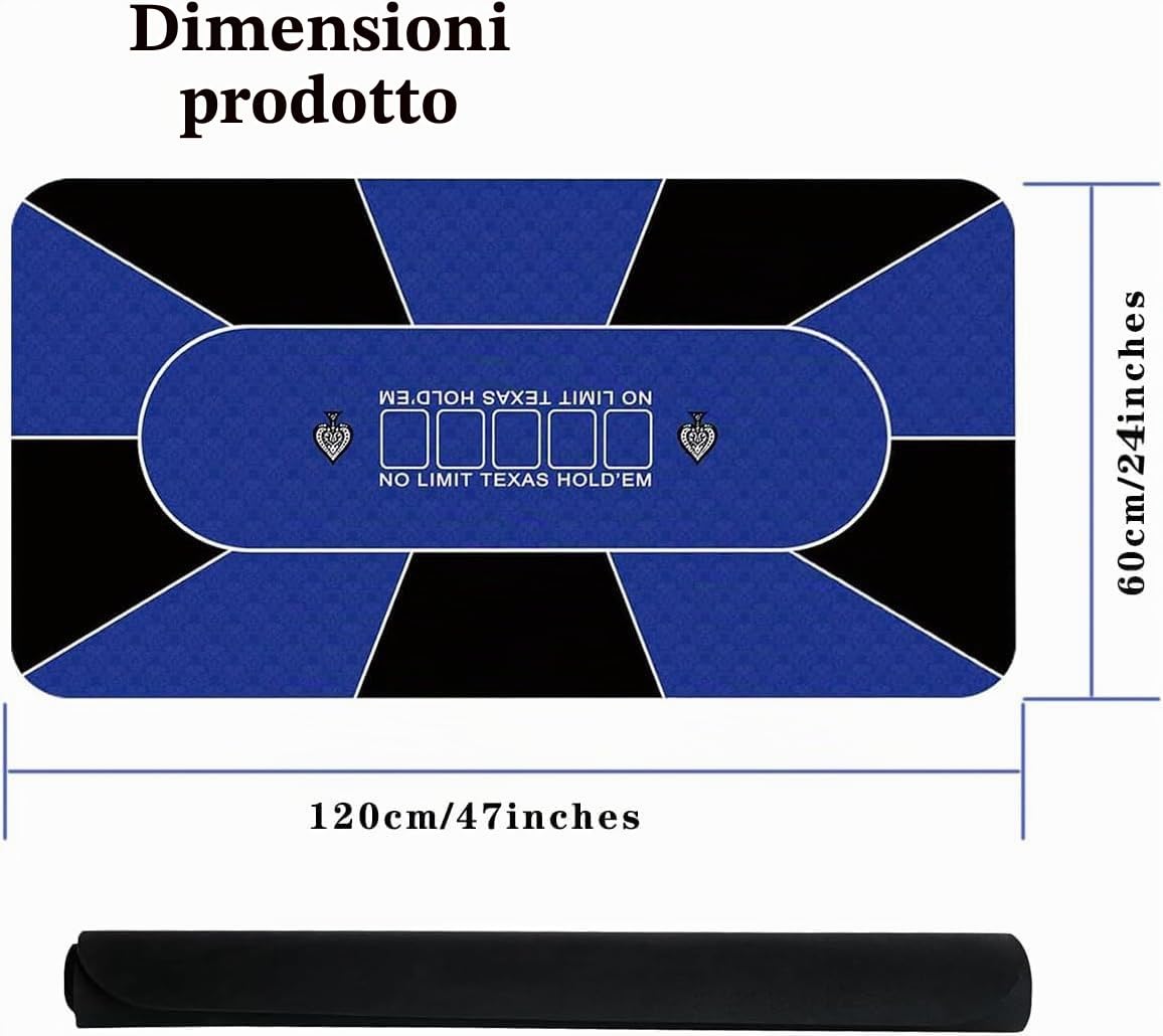 Tappetino da poker professionale, 180 x 90 cm, 8 giocatori, in gomma, portatile, Texas Hold'em, con borsa per il trasporto, per giocare a carte, giochi di poker, blackjack, casinò