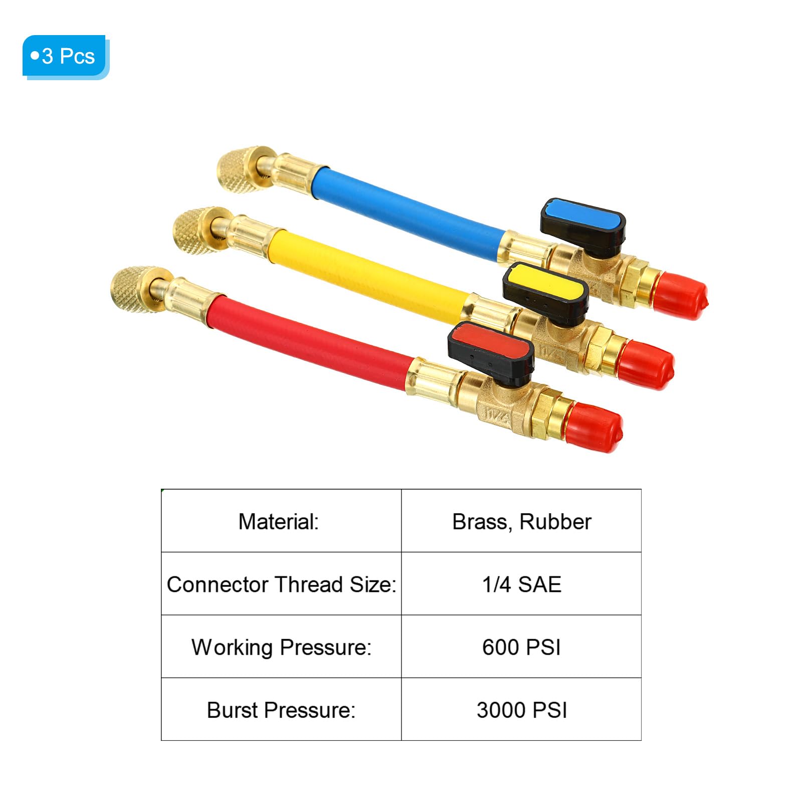 PATIKIL 1/4 SAE Refrigerante Ricarica Flessibile con Sfera Valvola Set, 7" Lungo 600 PSI 3000 PSI Collettore Manometro Flessibile per Aria Condizionatore HVAC Refrigerazione