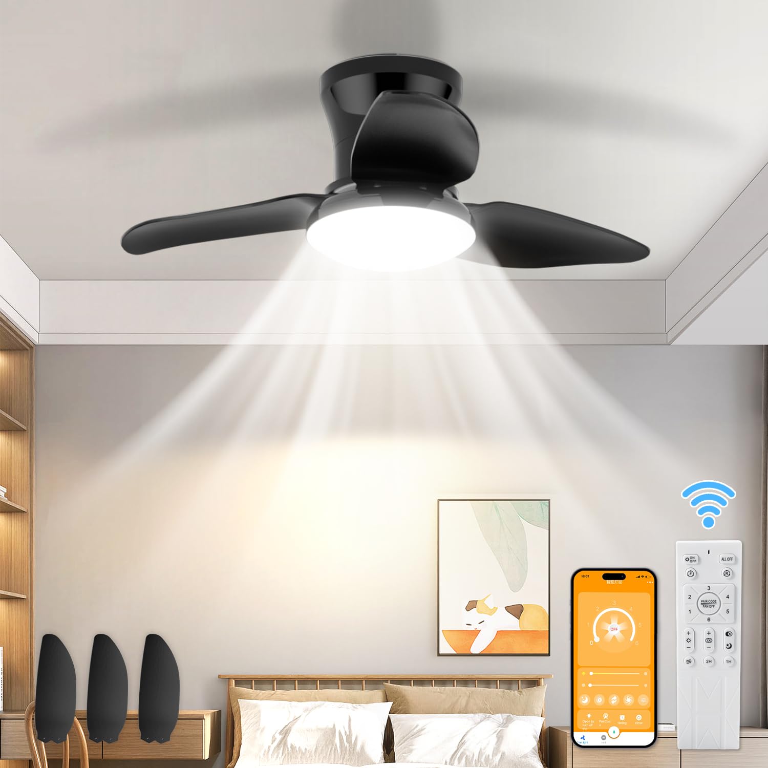 25 Inch Ceiling Fans with Lights, Dimmable 3 Colors Quiet Ceiling Fans with Lights and Remote APP, Timerable Black Ceiling Fan for Bedroom Living Room Kitchen Dining Room