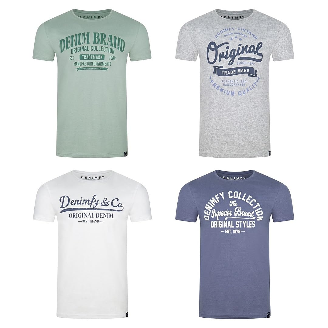 DENIMFY Tshirt Herren Baumwolle Regular Fit DFNuri 4er Pack Set Rundhals Kurzarm Sommer Tee Shirt Logoprint Schwarz Weiß Blau Grün Rot Grau S M L XL XXL 3XL 4XL 5XL