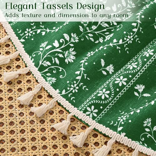 Image of Yinhua Boho Kitchen Curtains 36 Inch Length Vintage Linen Cafe Curtains Light Filtering Bohemian Floral Tier Rod Pocket Farmhouse Rustic Tassel Small Drapes with Tiebacks, 2 Panels, Olive Green