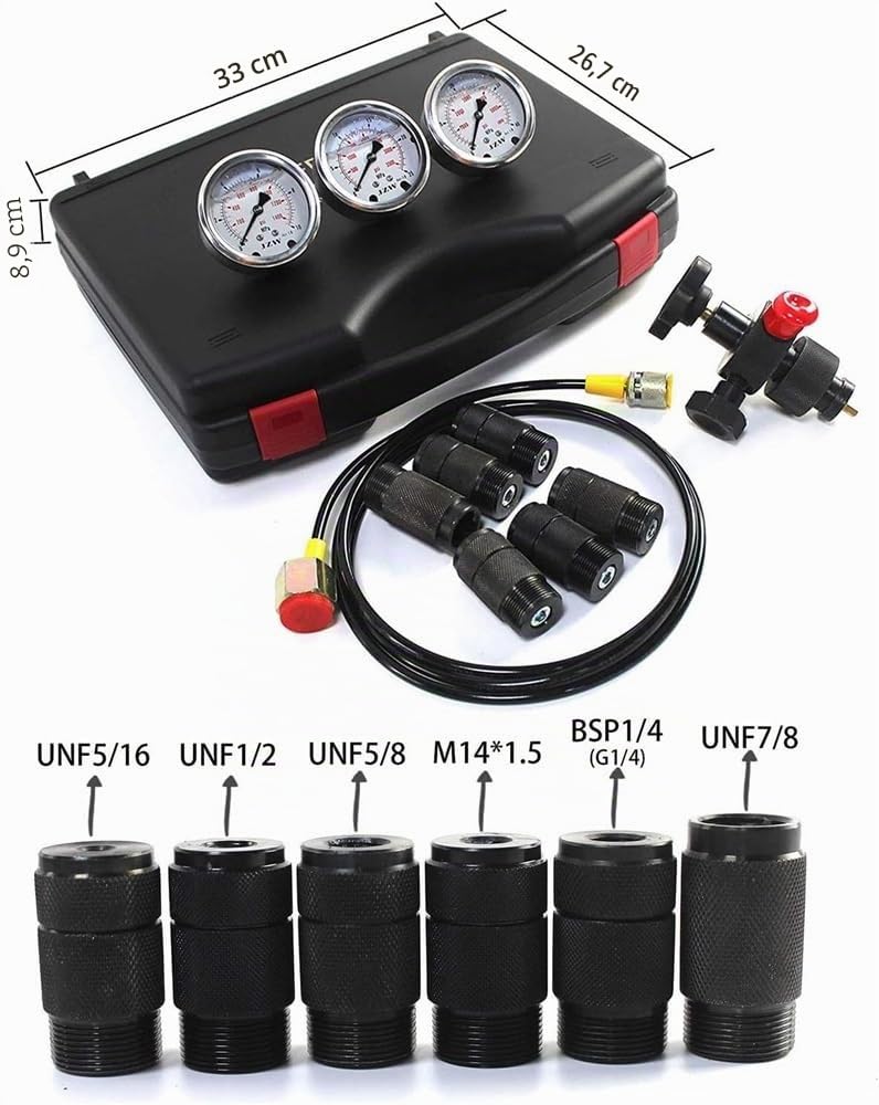 Kit de prueba de presión de nitrógeno, herramienta de diagnóstico del manómetro del sistema de carga del acumulador de nitrógeno hidráulico con 3 manómetros, 7 acoplamientos y 1 manguera de gas
