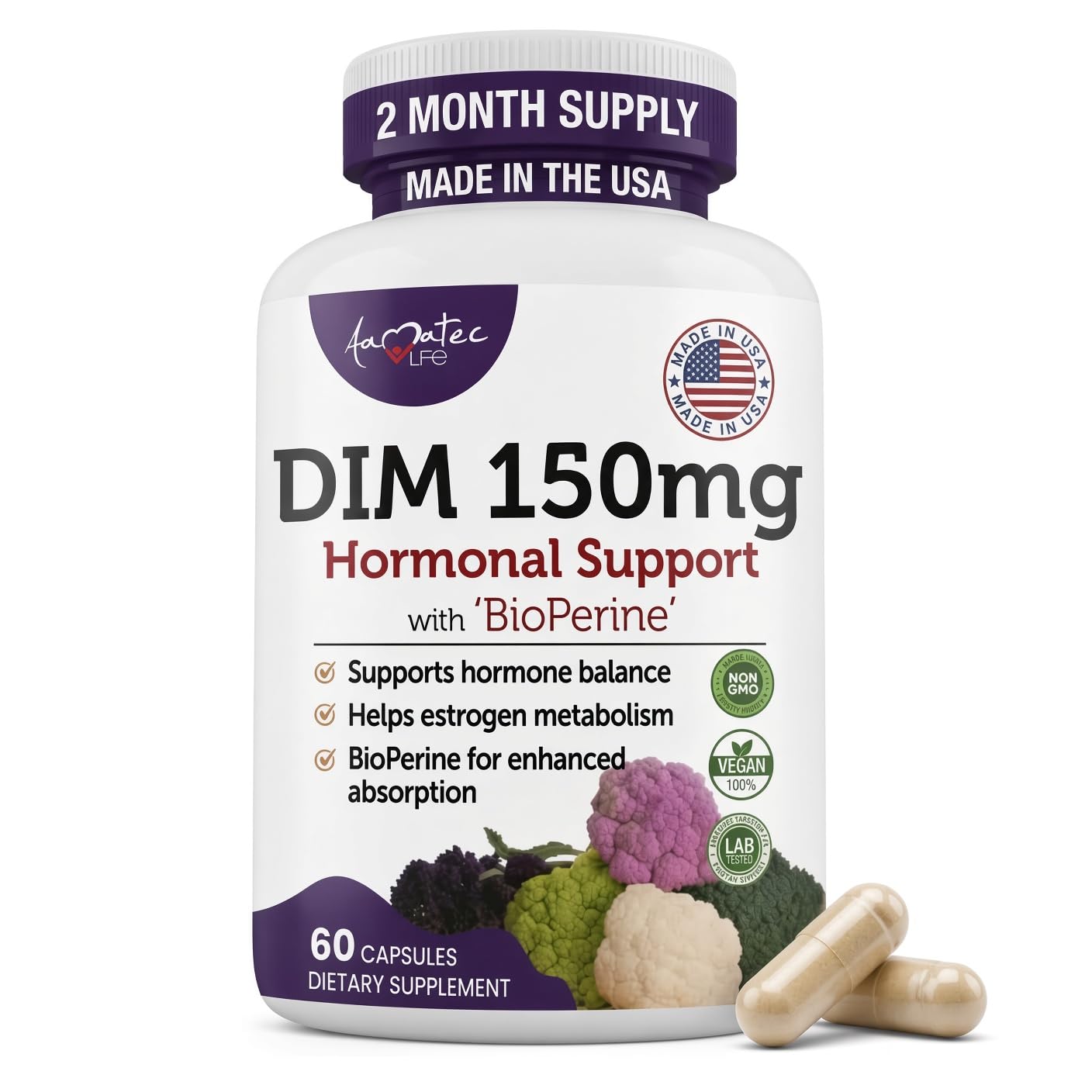 DIM Supplement 150mg for Women, Menopause Support, 60 Capsules