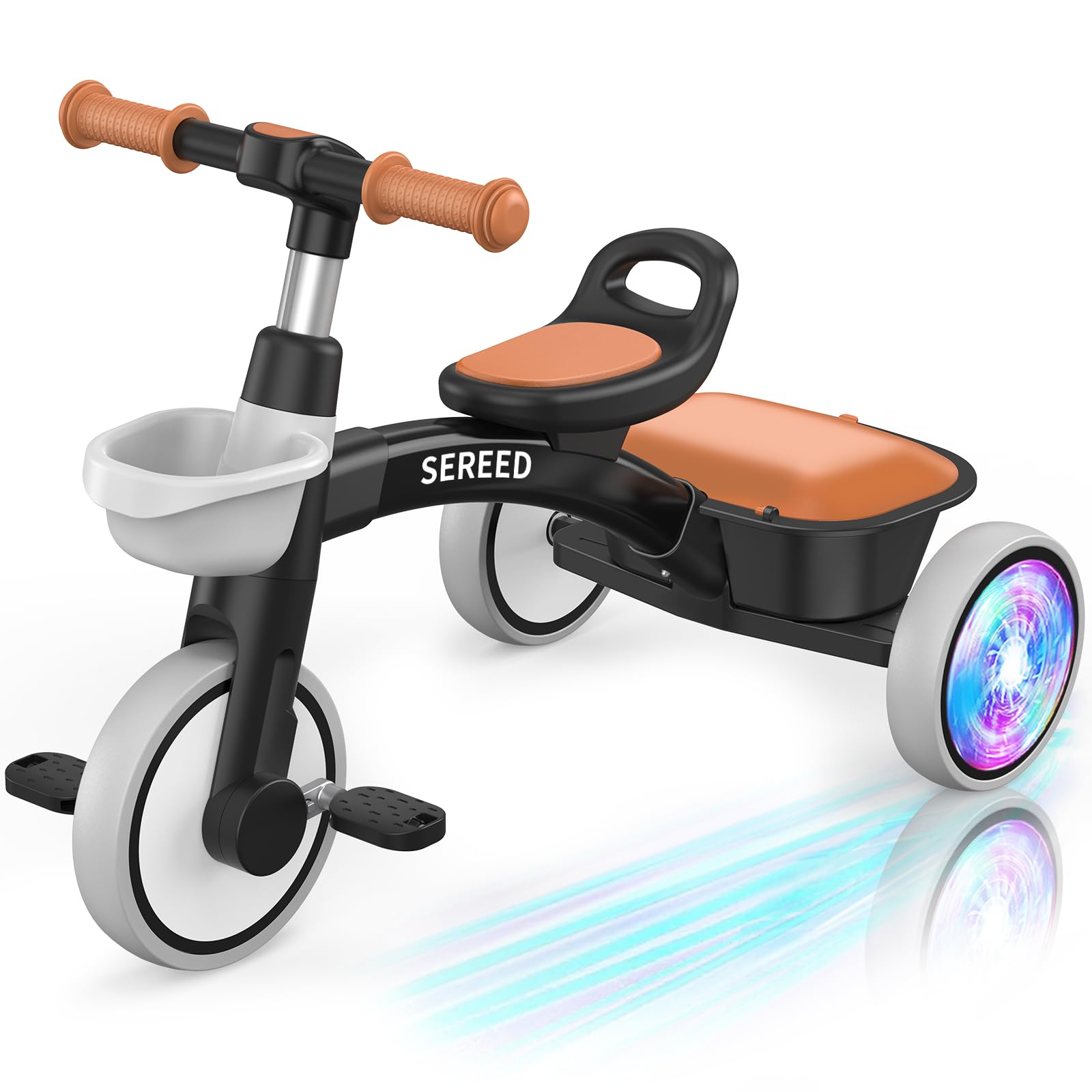 SEREED Colorful Lighting Toddler Tricycle for 2-5 Years Old Boys, Adjustable Seat&Handlebar Trike, Removable Basket, Birthday Gift Idea for Kids Ages 2+ (Black)
