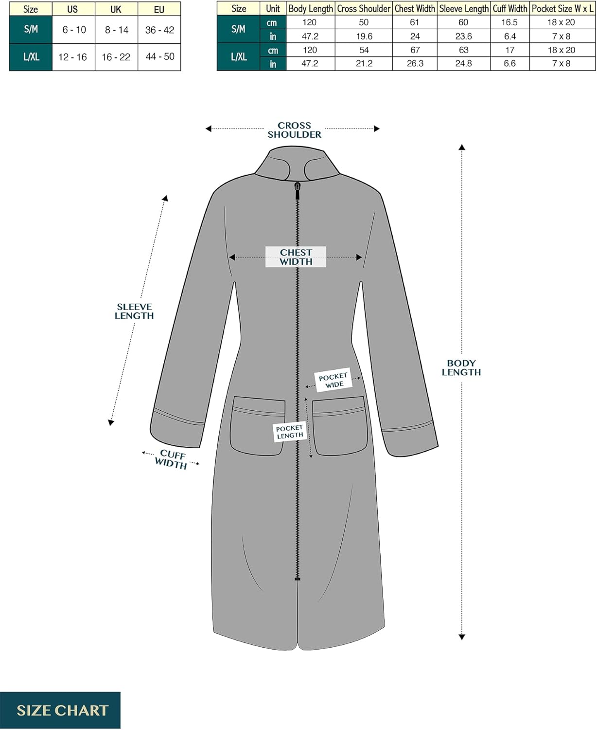 Blue Microfiber Fleece Long Sleeve Zip Robe with Pockets