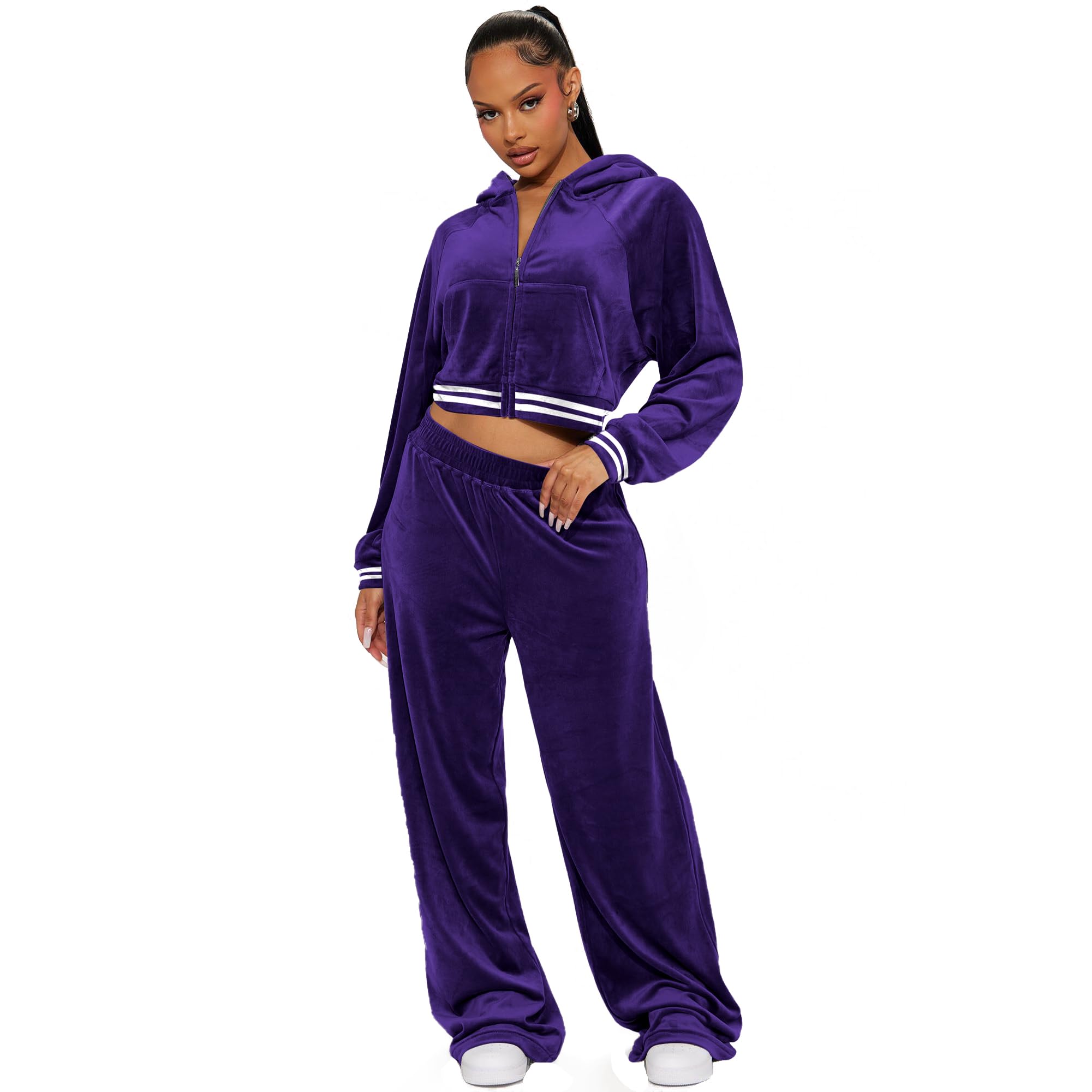 yidengymx Womens 2 Piece Velour Tracksuit Two Piece Soft Velvet Hooded Outfits for Women Hoodie/Wide Leg Pants-purple X-Large