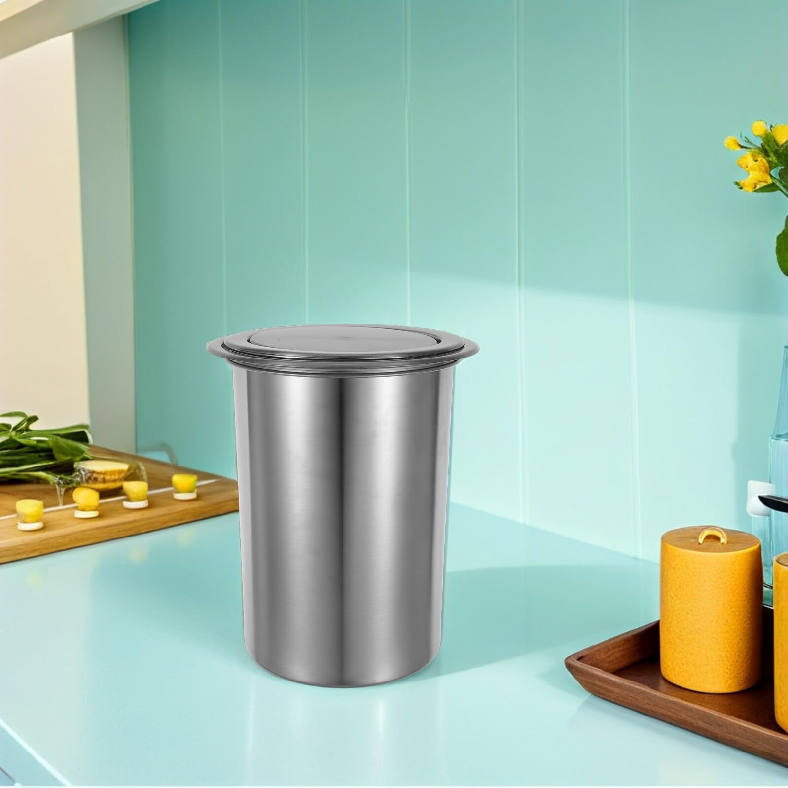 Cabilock Cubo de Basura de Cocina con Tapa Abatible Papelera de Cocina Integrada Cubo de Basura de Encimera de Acero Inoxidable para Hogar y Restaurante