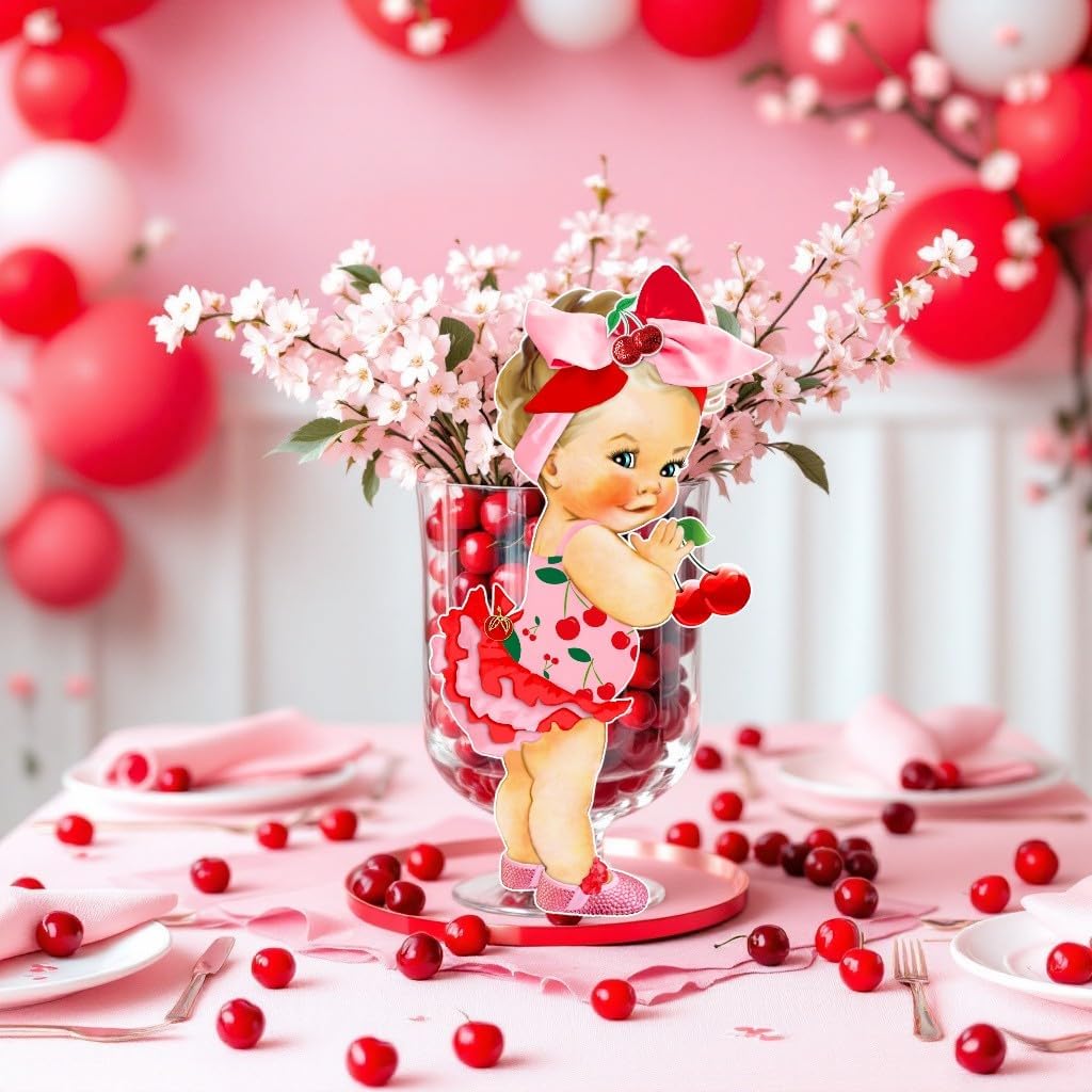 Pink Cherry Theme Girl Centerpieces for Birthday Baby Shower Table Diaper Decorarions (Blonde Girl, 3.0, count)