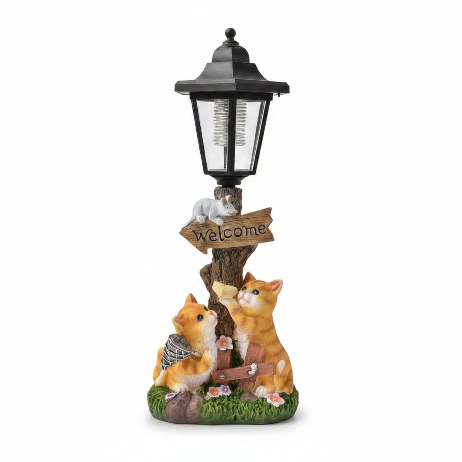 Weathered Wood-Look Lantern-Style Lamp on Post Classic Four-Sided Cat Lantern Ornament Glowing Garden Ornament Light Decorative for Yard, Courtyard, Walkway, Porch, Solar Cat Play Mouse-picture-22