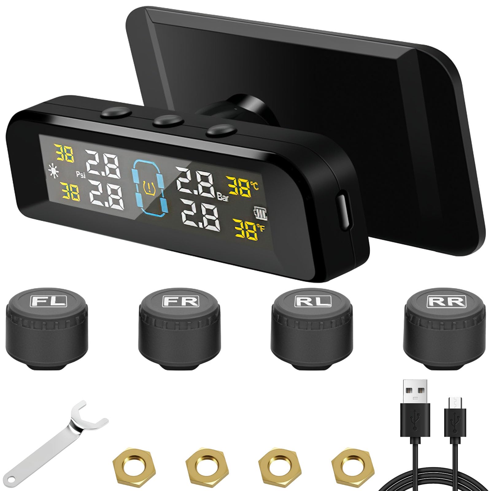 Système de Surveillance de la Pression des Pneus TPMS avec 4 Capteur Pression Pneu 0-6 Bar Charge Solaire et USB Surveillance en Temps Réel avec Alarme pour Voiture Camping-Cars Remorques