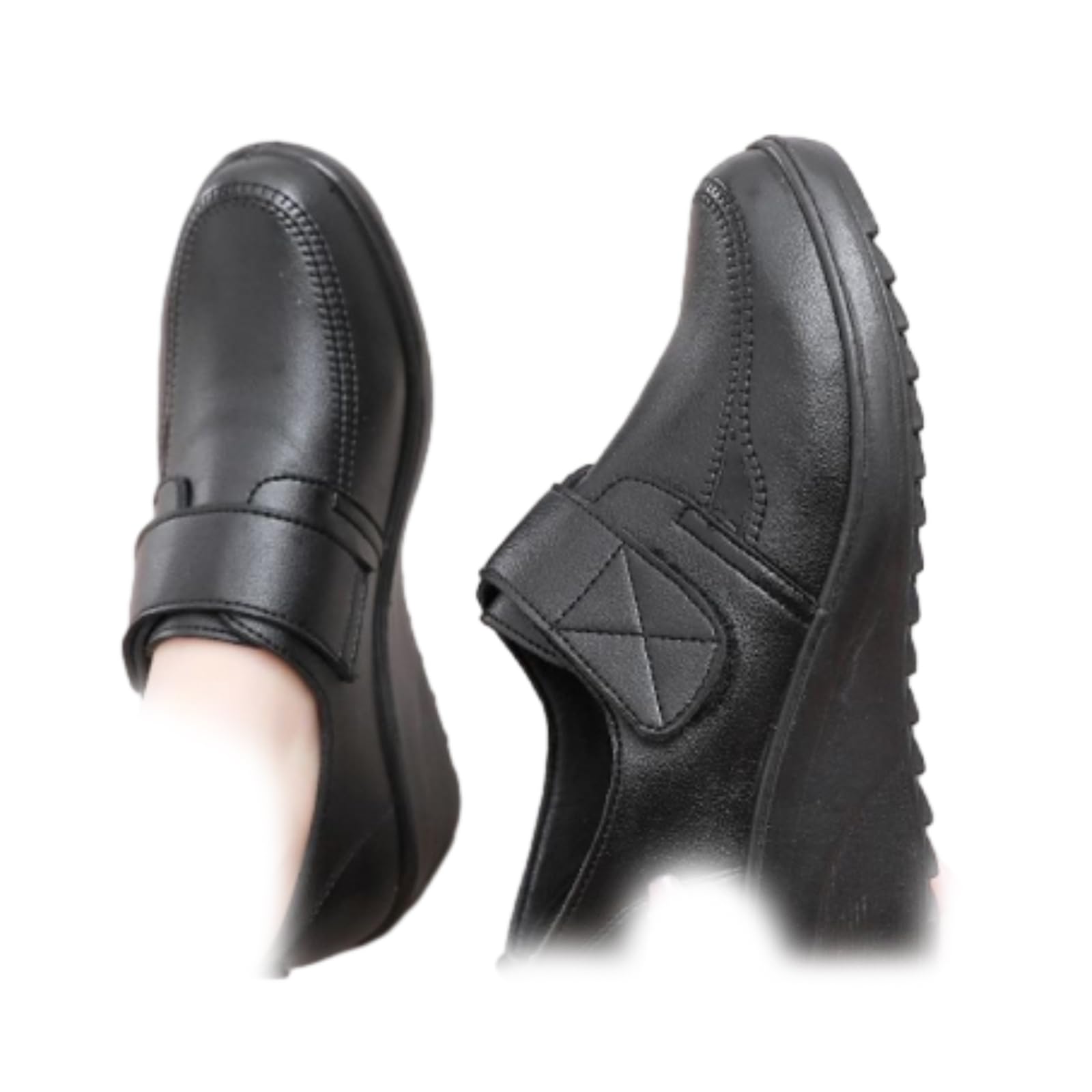 Mocasines de cuña antideslizantes de piel para mujer, color negro