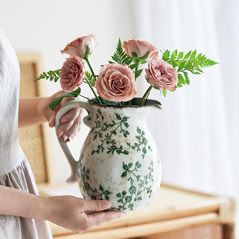 XIUWOUG Chinoiserie Blumenvase Keramik - Vintage Vase Grün/beige, Handbemalt Aus Jingdezhen