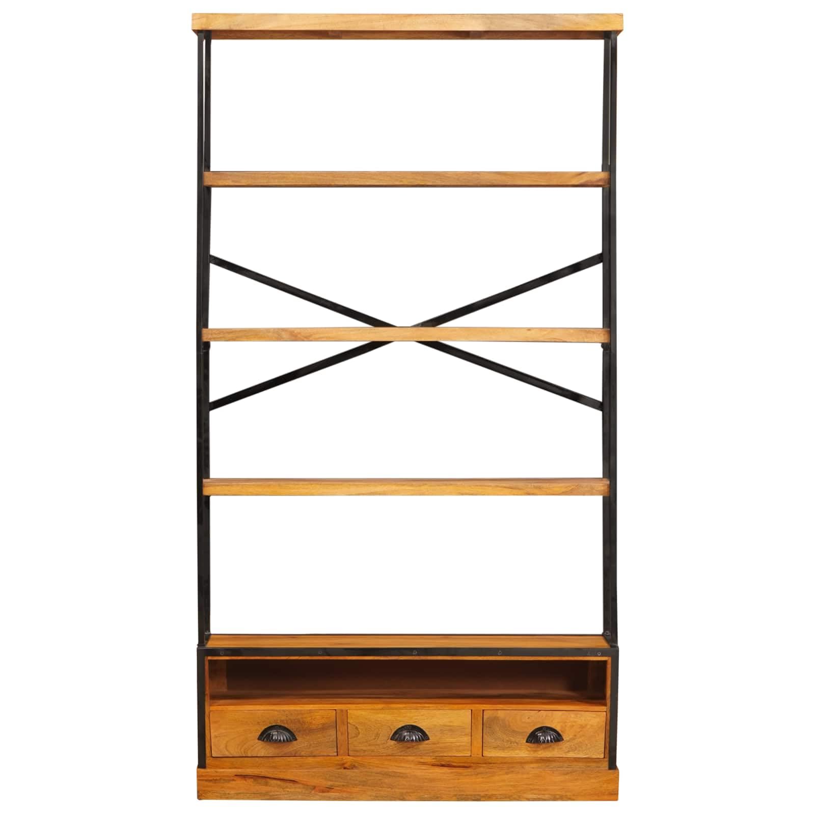 5-stufiges Bücherschrank Natur 100 x 30 x 180 cm aus Mango-Holz sowie Stahl geeignet für Wohnzimmer, Büro sowie Schlafraum, platzsparender Stauraum Organizer inklusive 3 Schubladen sowie