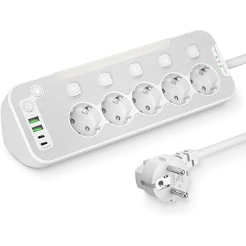 Power Strip Individually Switchable, 5-Way Multiple Socket with Switch, Table Socket with LED Night Light and Stainless Steel